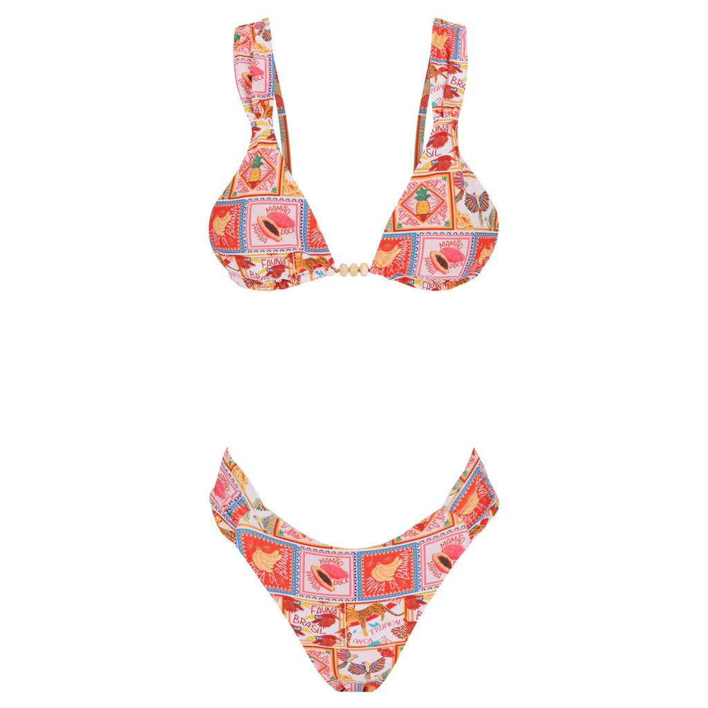 Ruched Coco Brazil two-piece bikini set with tri-bead details and gold shell tassels