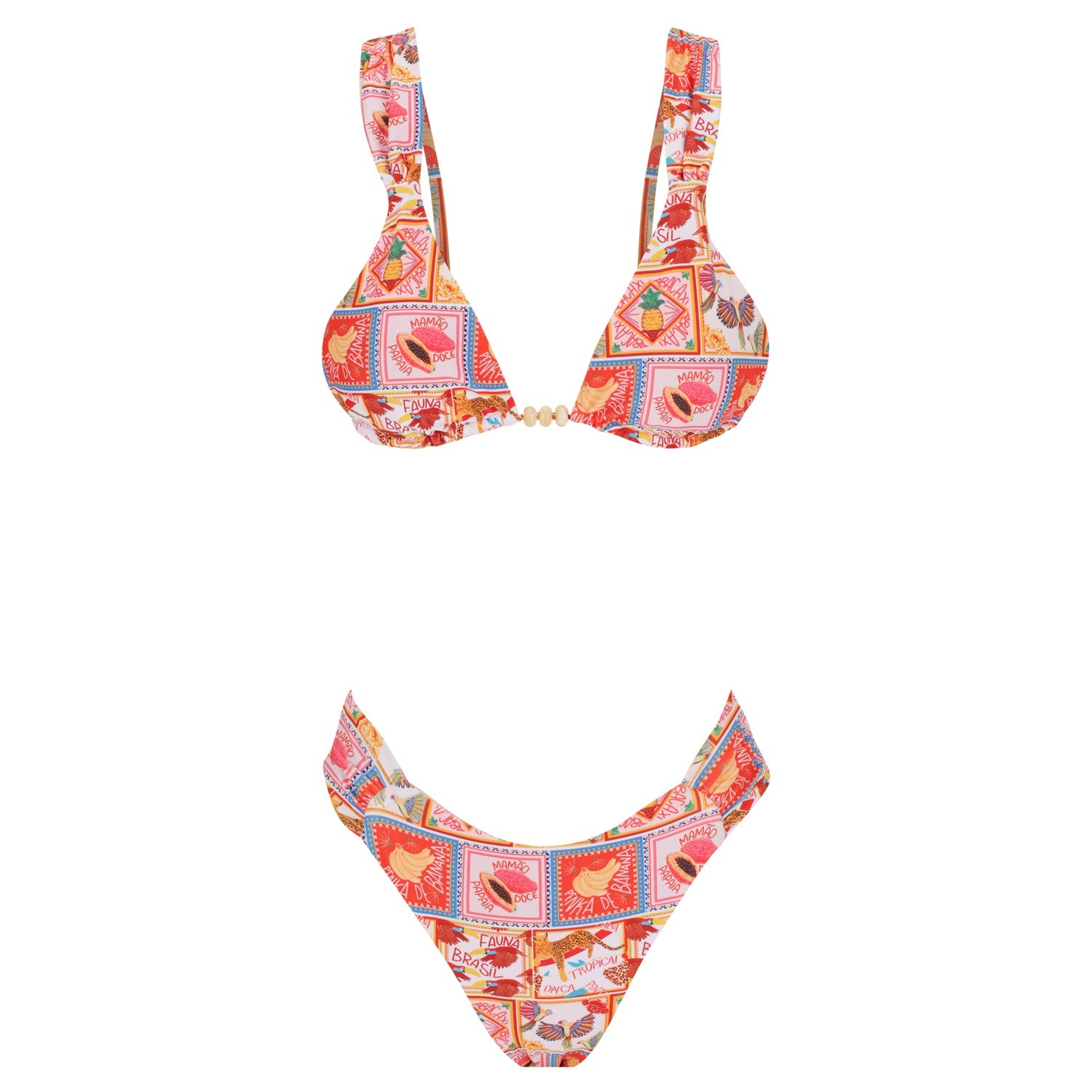Ruched Coco Brazil two-piece bikini set with tri-bead details and gold shell tassels