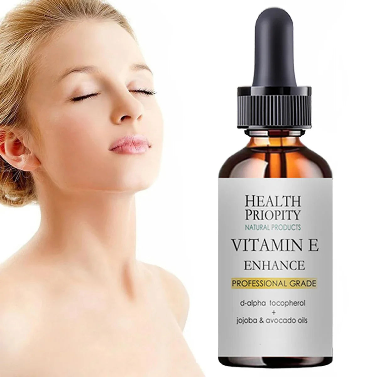 Dropper bottle of natural vitamin E essential face essence for hydrating and brightening radiant skin.