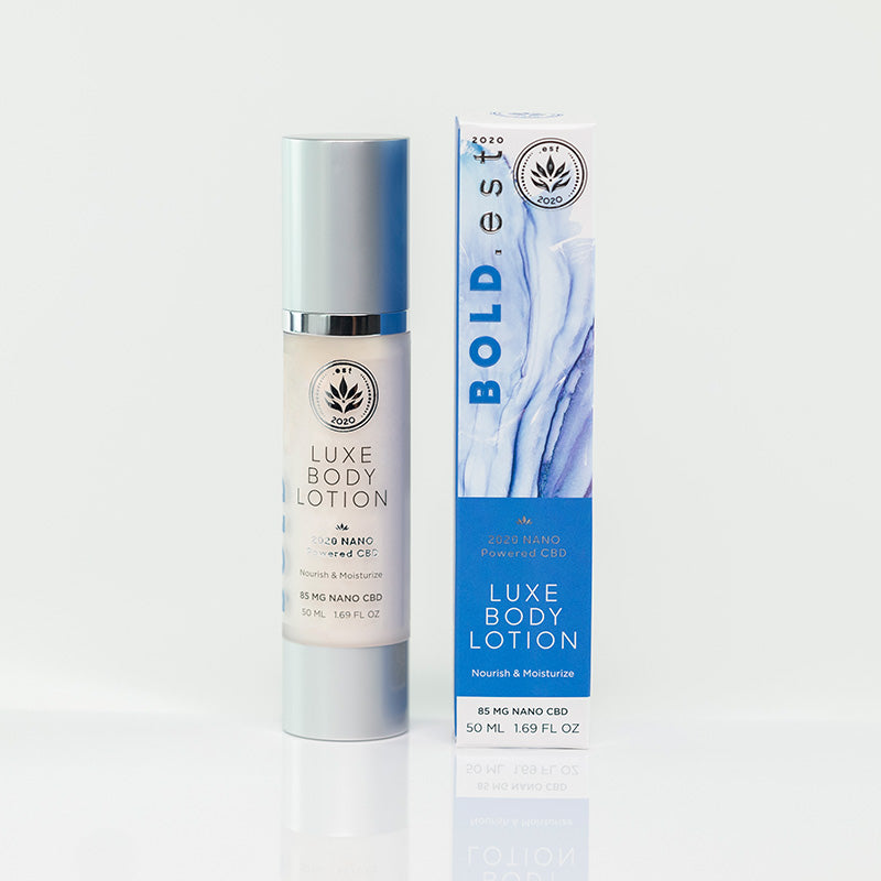 Nano powered CBD luxe body lotion in a travel size bottle with natural botanical ingredients — view 3