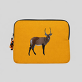 Handmade Kenyan cotton canvas laptop sleeve featuring embroidered African wildlife design in warm earthy tones