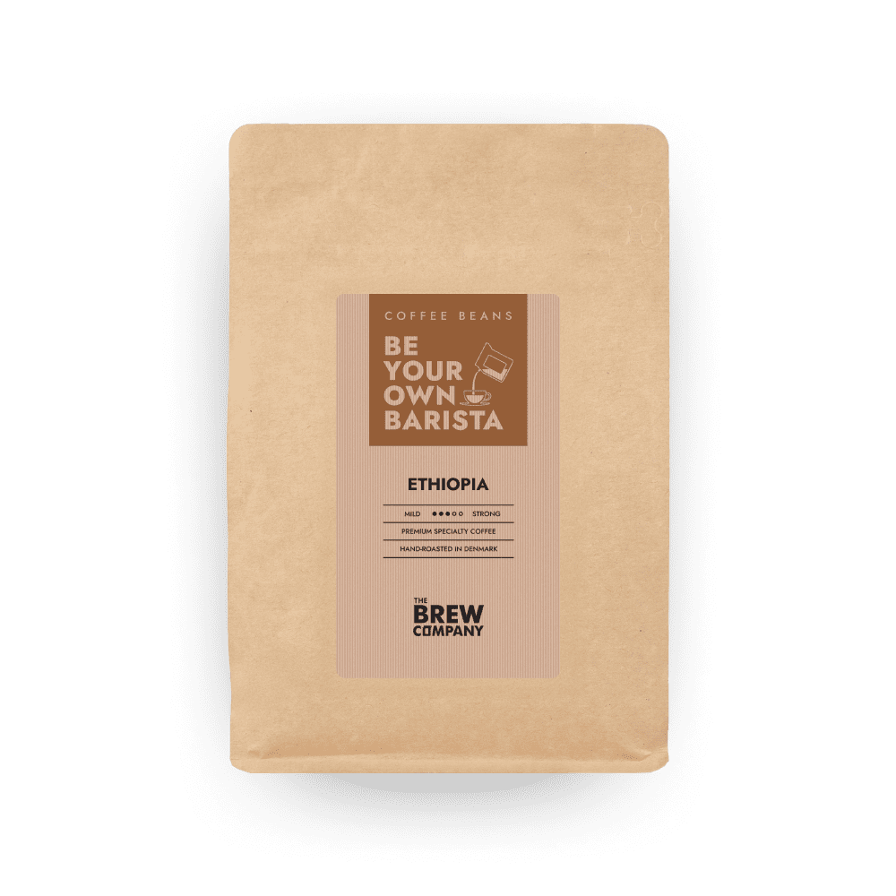 Ethiopian Sidamo whole bean coffee in eco-friendly kraft paper packaging with brand label