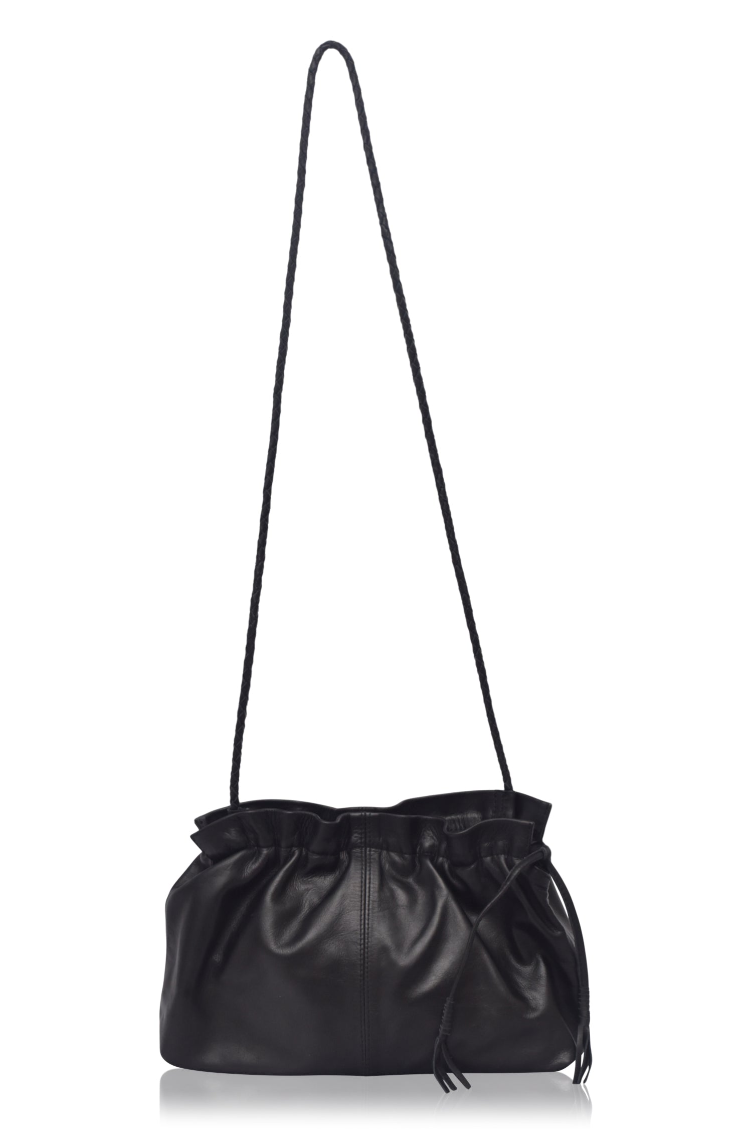 Etoile crossbody leather clutch bag in black genuine leather with braided strap and drawstring closure. — view 3