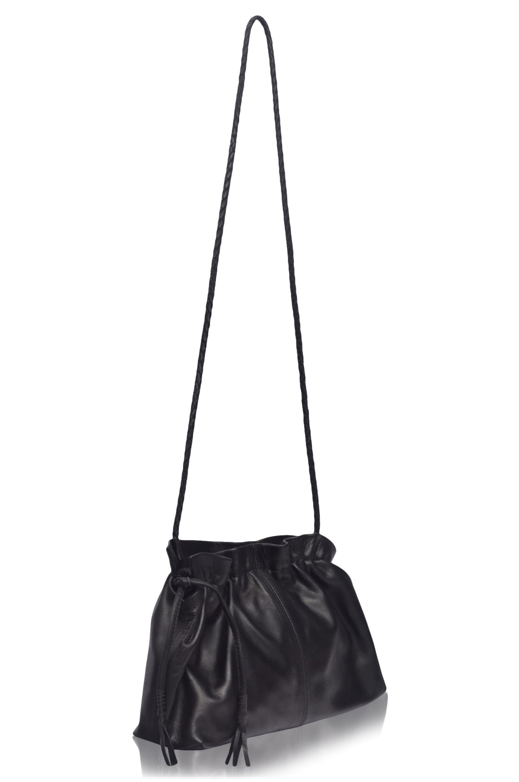 Etoile crossbody leather clutch bag in black genuine leather with braided strap and drawstring closure. — view 4