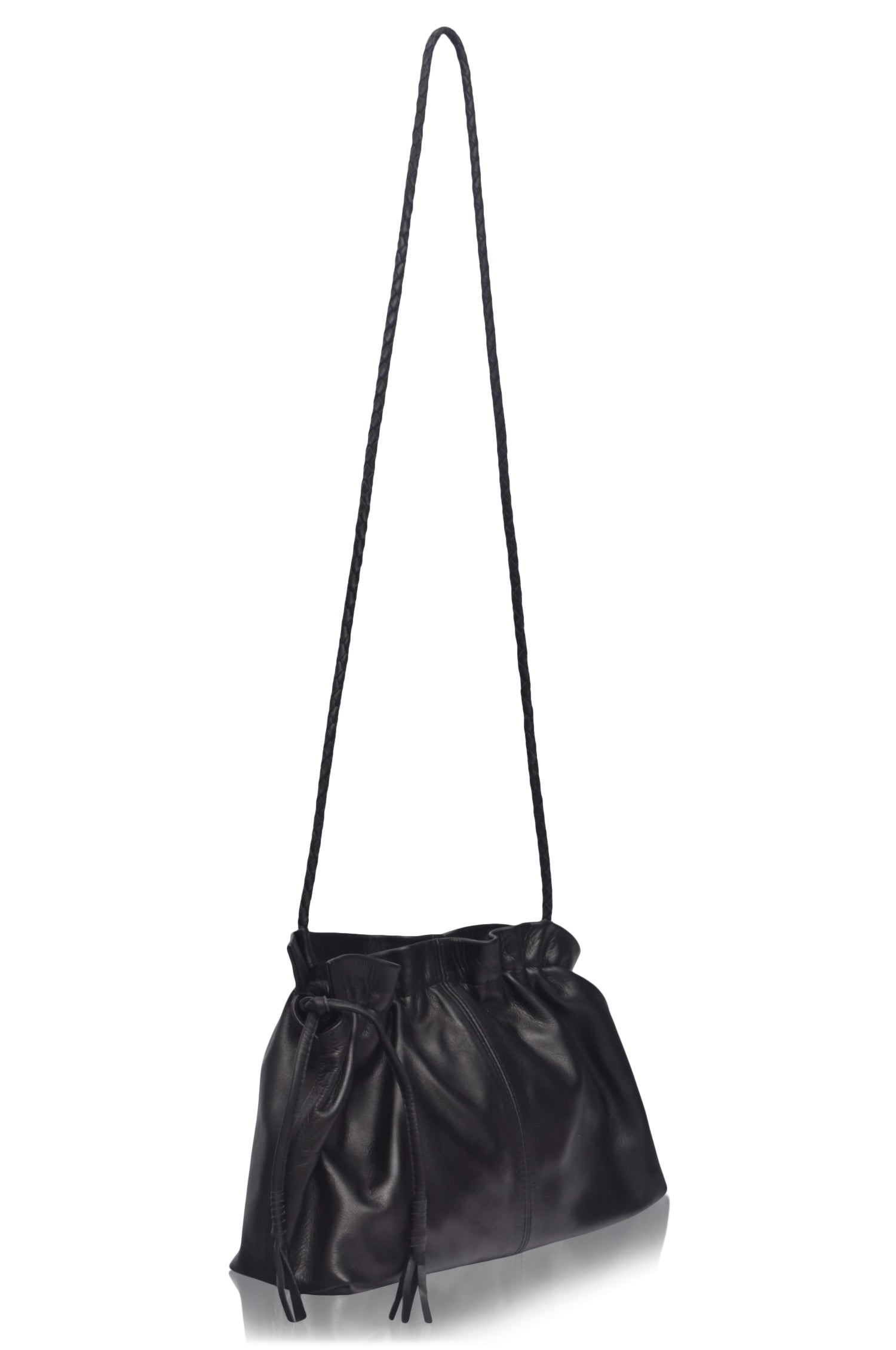 Etoile crossbody leather clutch bag in black genuine leather with braided strap and drawstring closure. — view 4