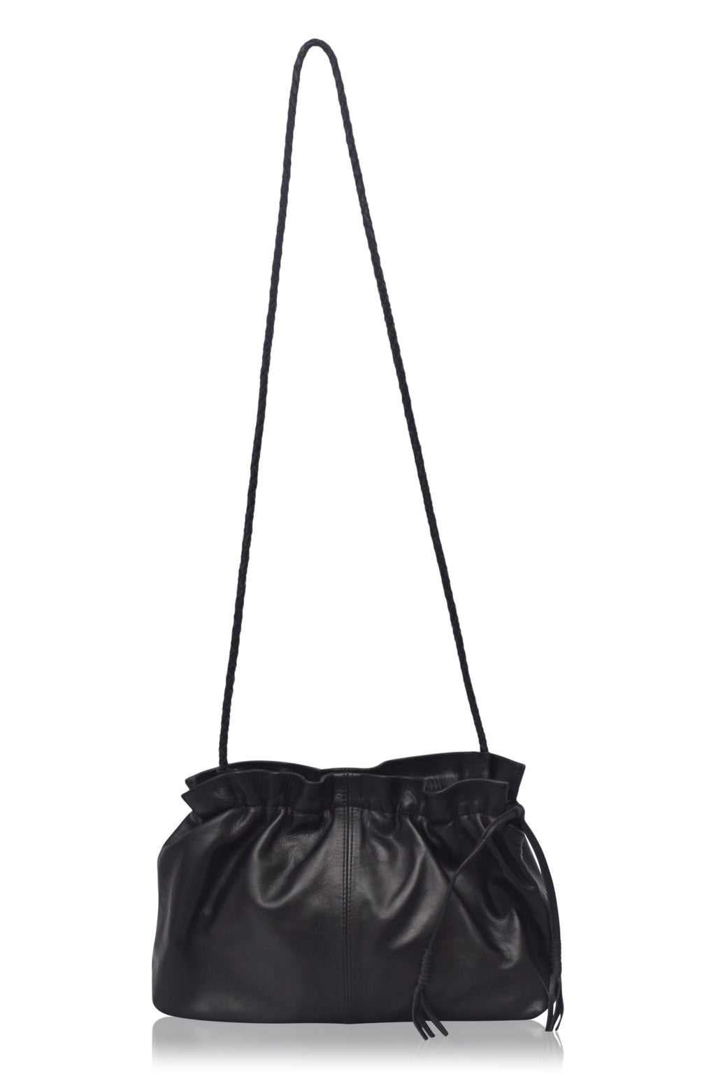 Beige genuine leather Etoile crossbody clutch bag with braided strap and drawstring closure — view 5
