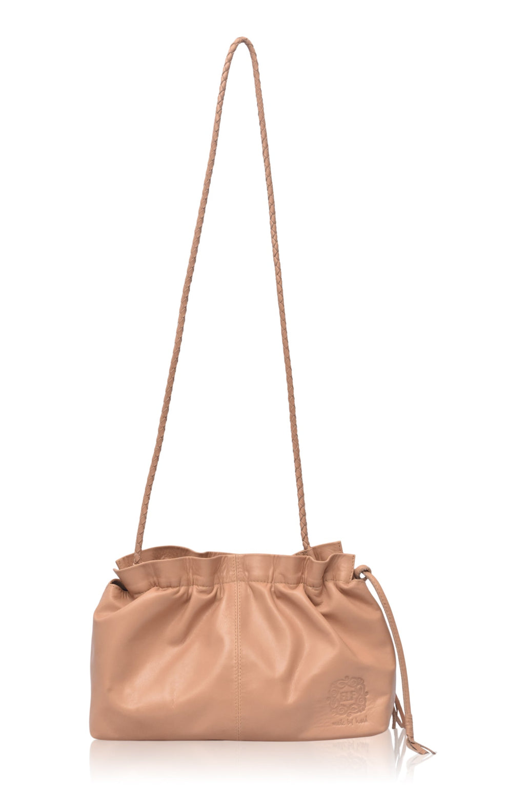 Red Etoile crossbody leather clutch bag with drawstring folds and a braided leather strap — view 5