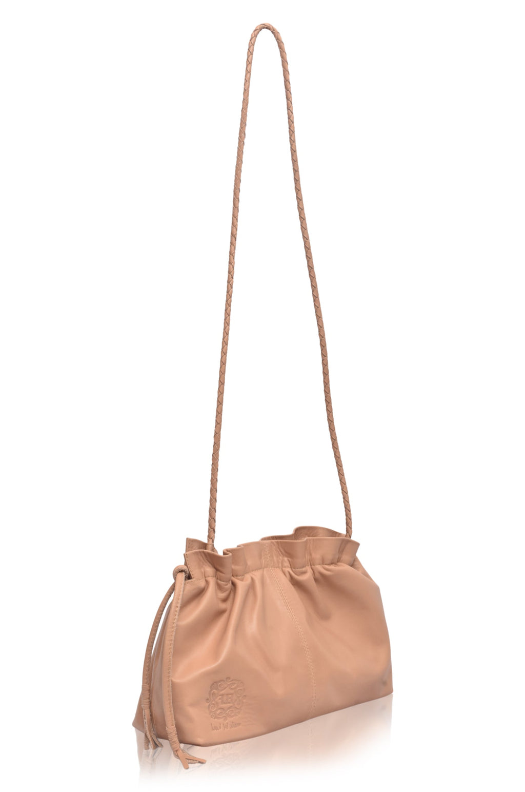 Beige genuine leather Etoile crossbody clutch bag with braided strap and drawstring closure — view 4
