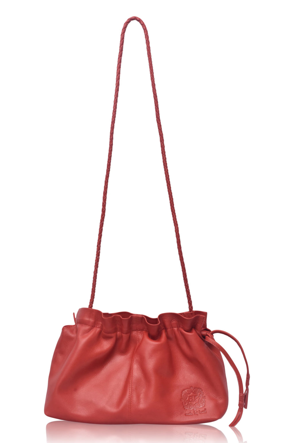 Red Etoile crossbody leather clutch bag with drawstring folds and a braided leather strap — view 3