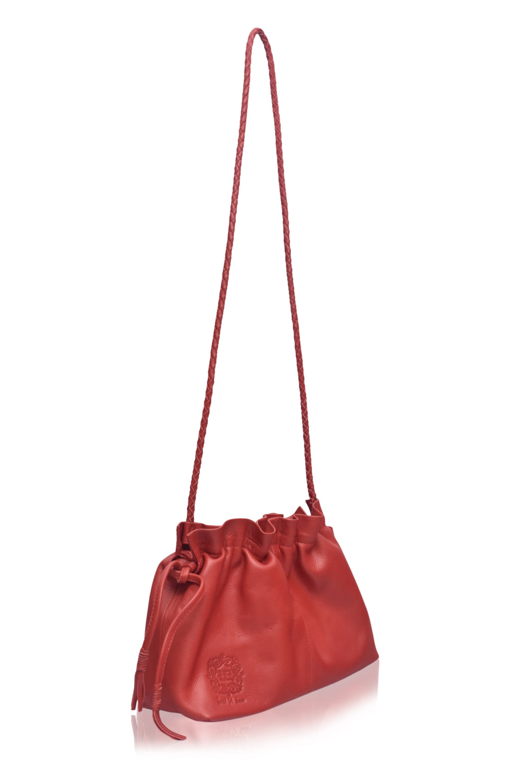 Red Etoile crossbody leather clutch bag with drawstring folds and a braided leather strap — view 4