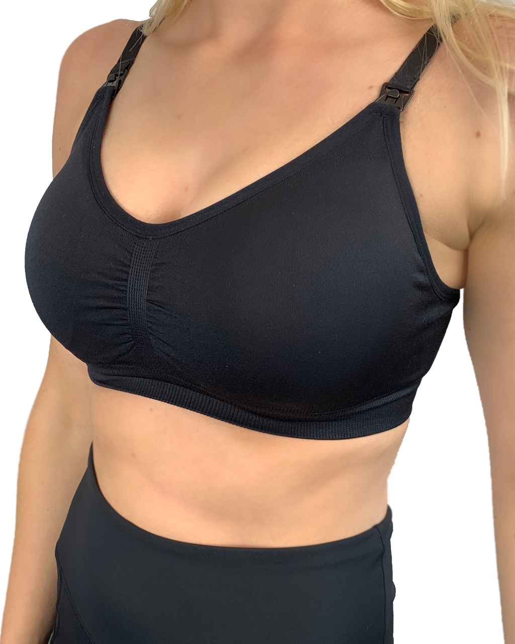 Black seamfree maternity and nursing bra with ribbed underband and drop-down nursing clips — view 5