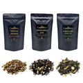 Exotic loose leaf tea bundle featuring three 100g pouches of premium blended whole leaves