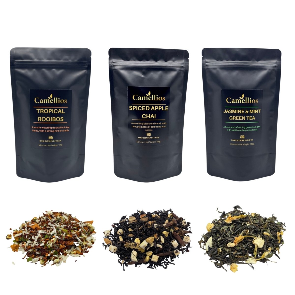 Exotic loose leaf tea bundle featuring three 100g pouches of premium blended whole leaves