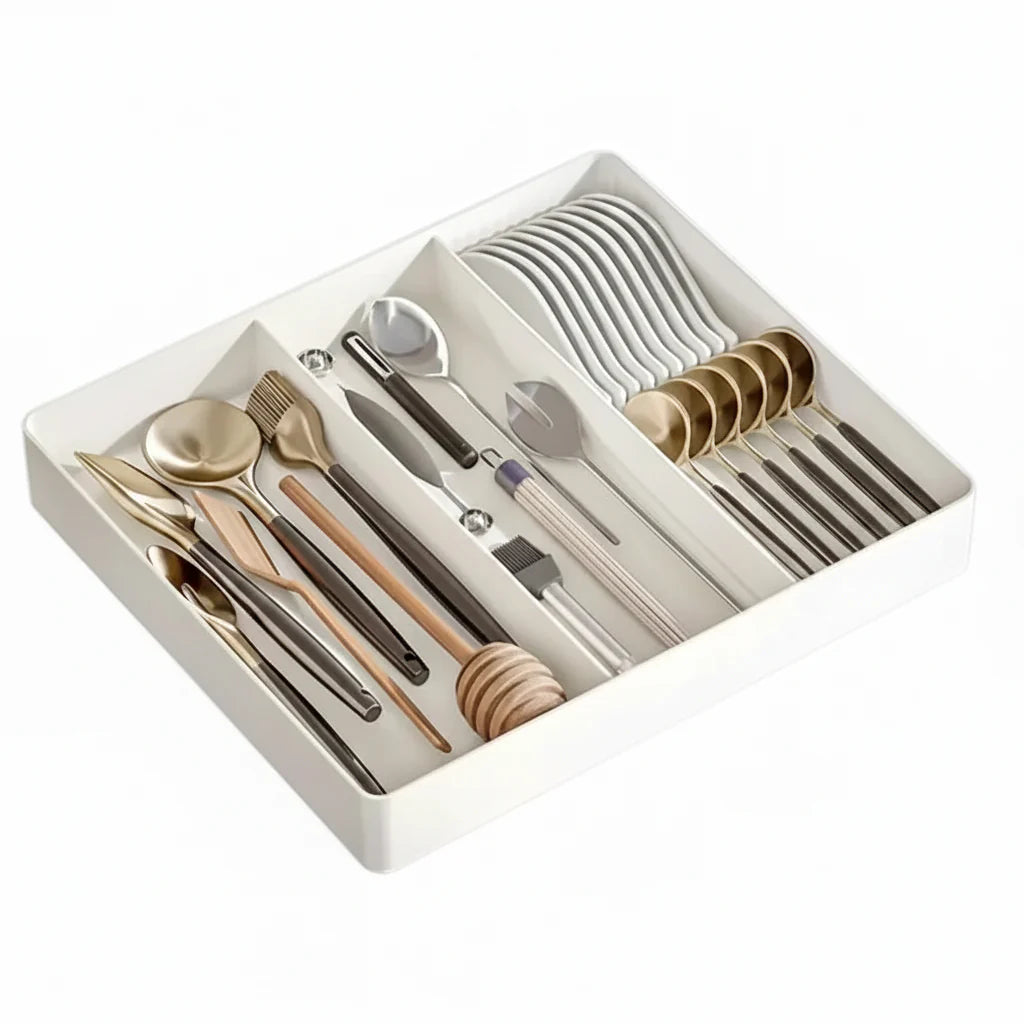 Expandable plastic kitchen drawer organizer tray with adjustable compartments for silverware and utensils