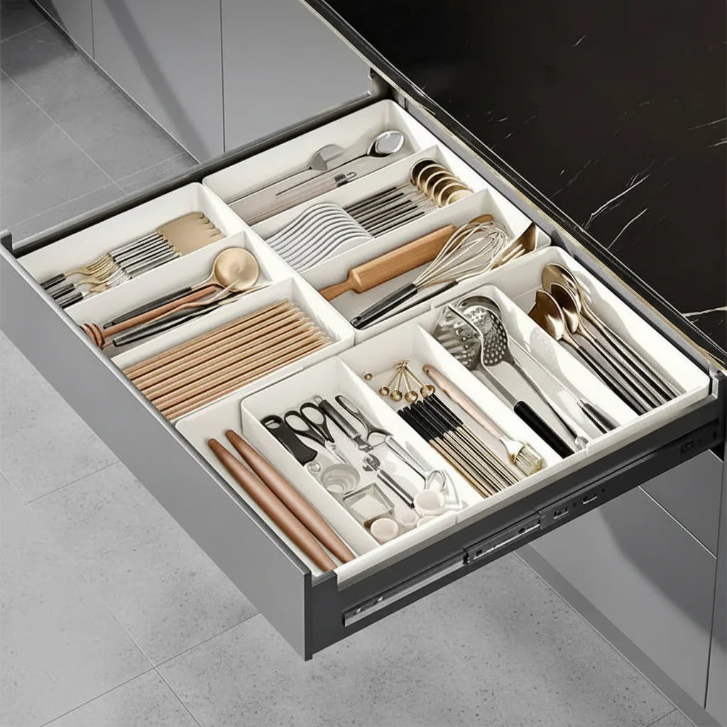 Expandable plastic kitchen drawer organizer tray with adjustable compartments for silverware and utensils — view 2