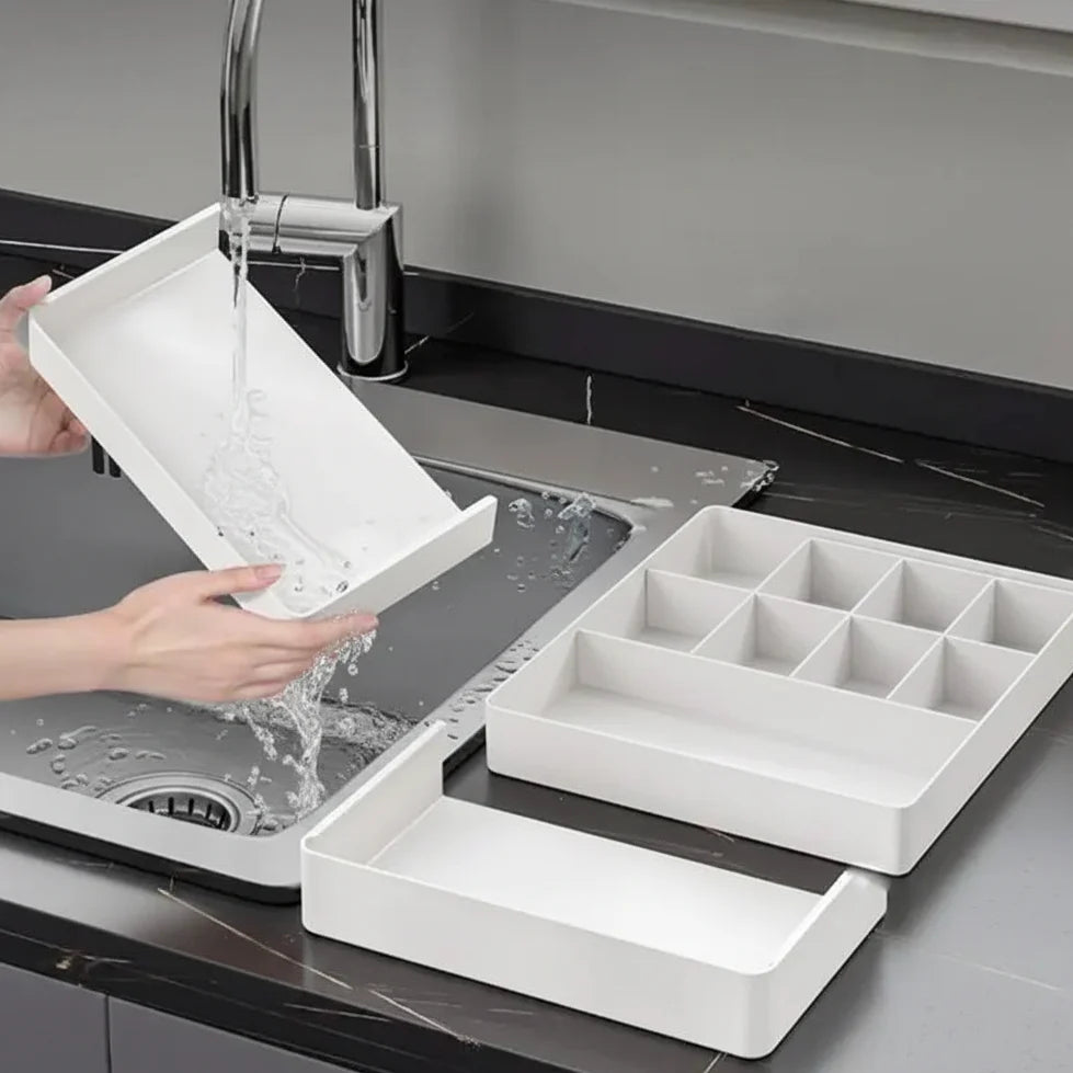 Expandable plastic kitchen drawer organizer tray with adjustable compartments for silverware and utensils — view 3