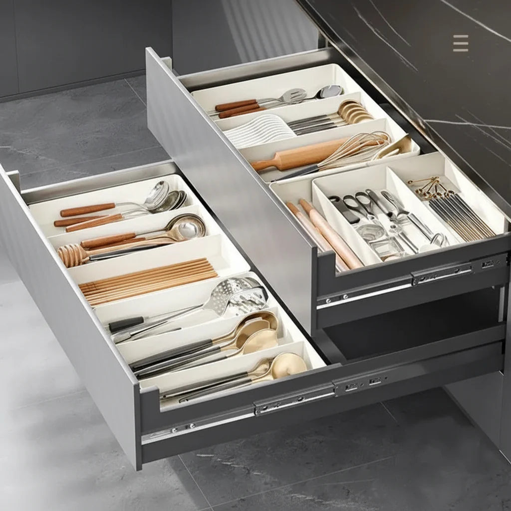 Expandable plastic kitchen drawer organizer tray with adjustable compartments for silverware and utensils — view 4