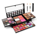 74-color makeup palette featuring vibrant eyeshadows, lip glosses, blushes, and glitters in a compact case