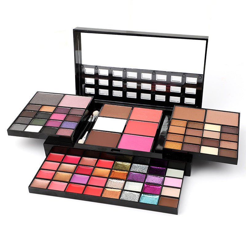 74-color makeup palette featuring vibrant eyeshadows, lip glosses, blushes, and glitters in a compact case — view 3