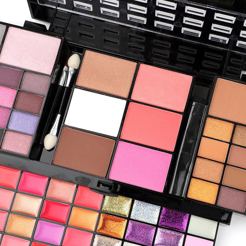 74-color makeup palette featuring vibrant eyeshadows, lip glosses, blushes, and glitters in a compact case — view 4