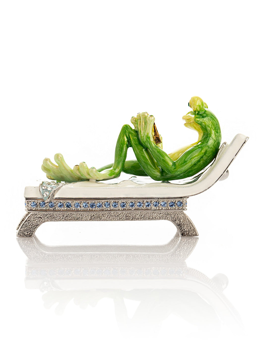 Hand painted green frog reading a book on a sun lounger trinket box with sparkling crystals — view 4