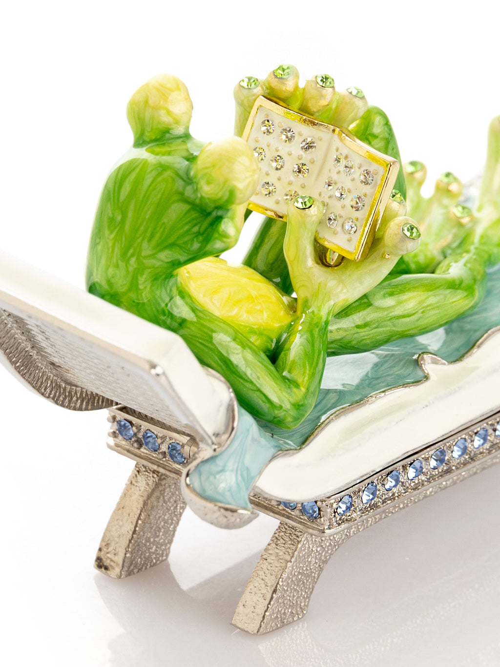 Hand painted green frog reading a book on a sun lounger trinket box with sparkling crystals — view 5