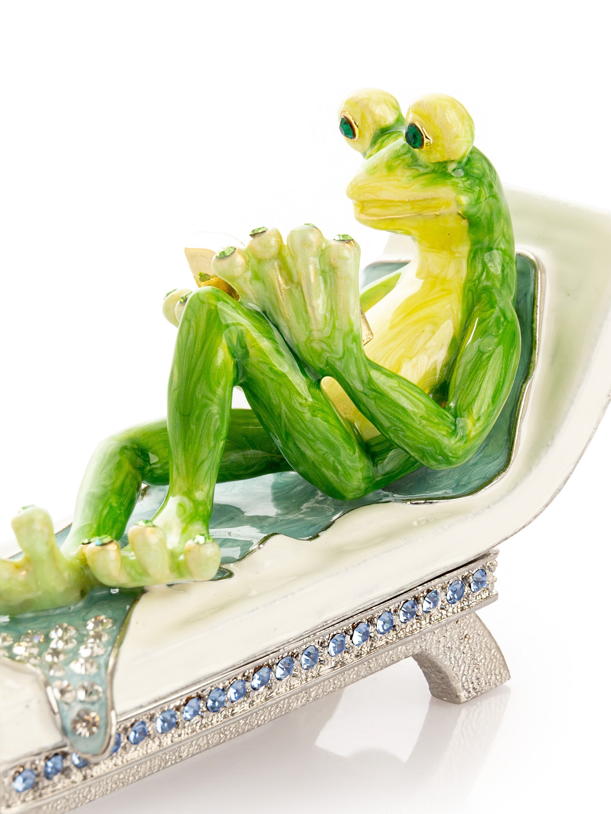 Hand painted green frog reading a book on a sun lounger trinket box with sparkling crystals — view 3
