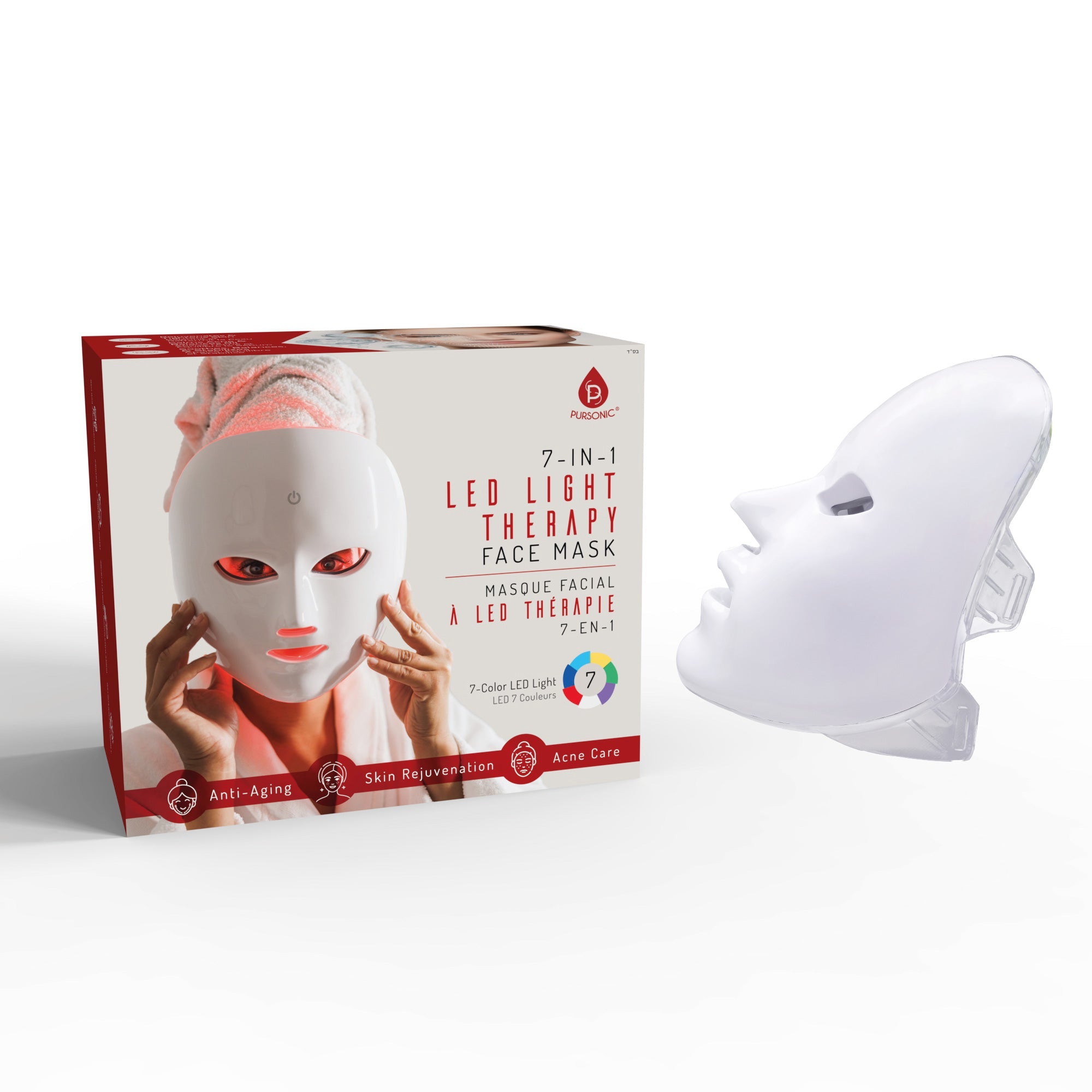 LED facial therapy mask and scalp treatment brush set, white silicone mask and red brush — view 3