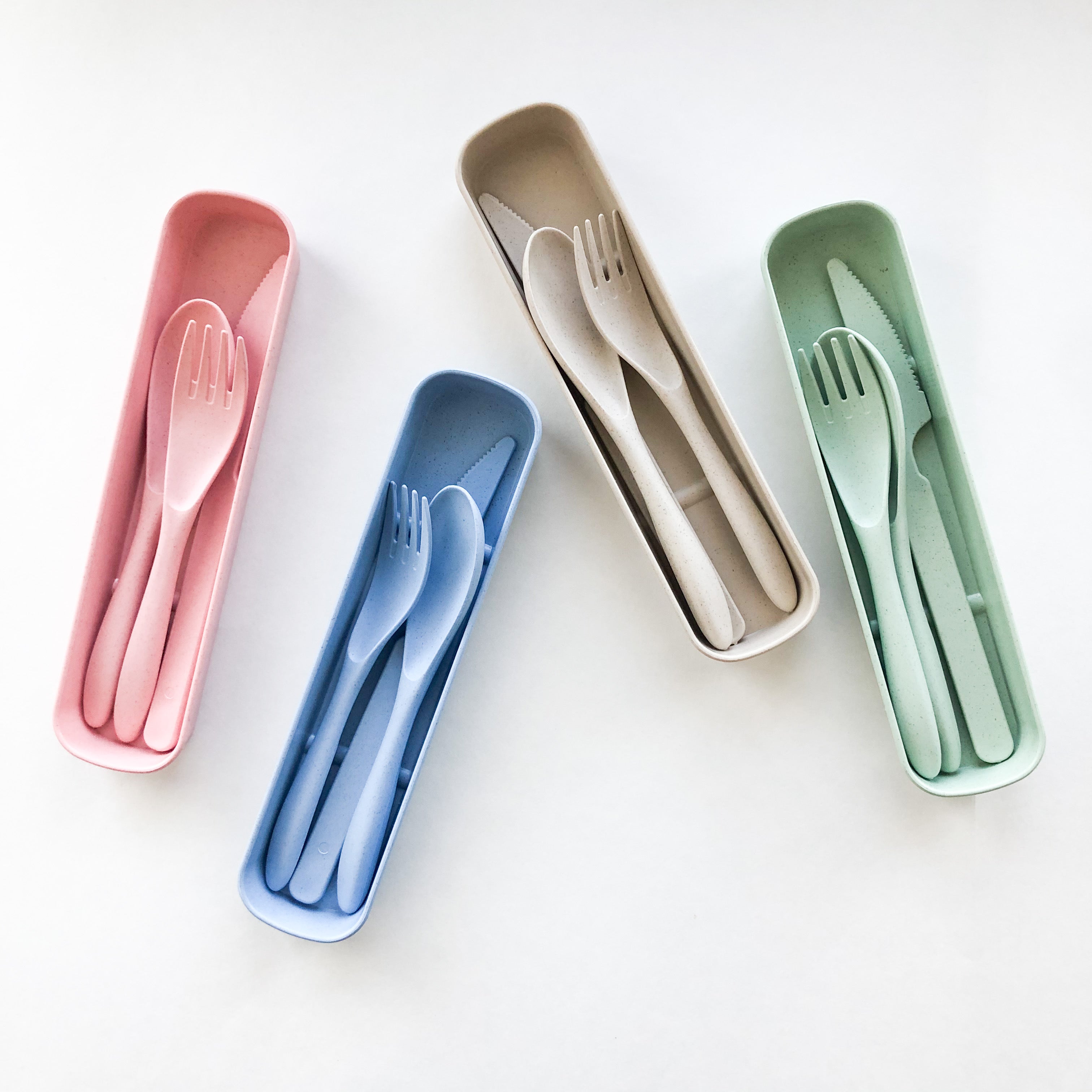 Wheat straw travel cutlery set with fork, spoon, knife, and storage case for zero waste dining