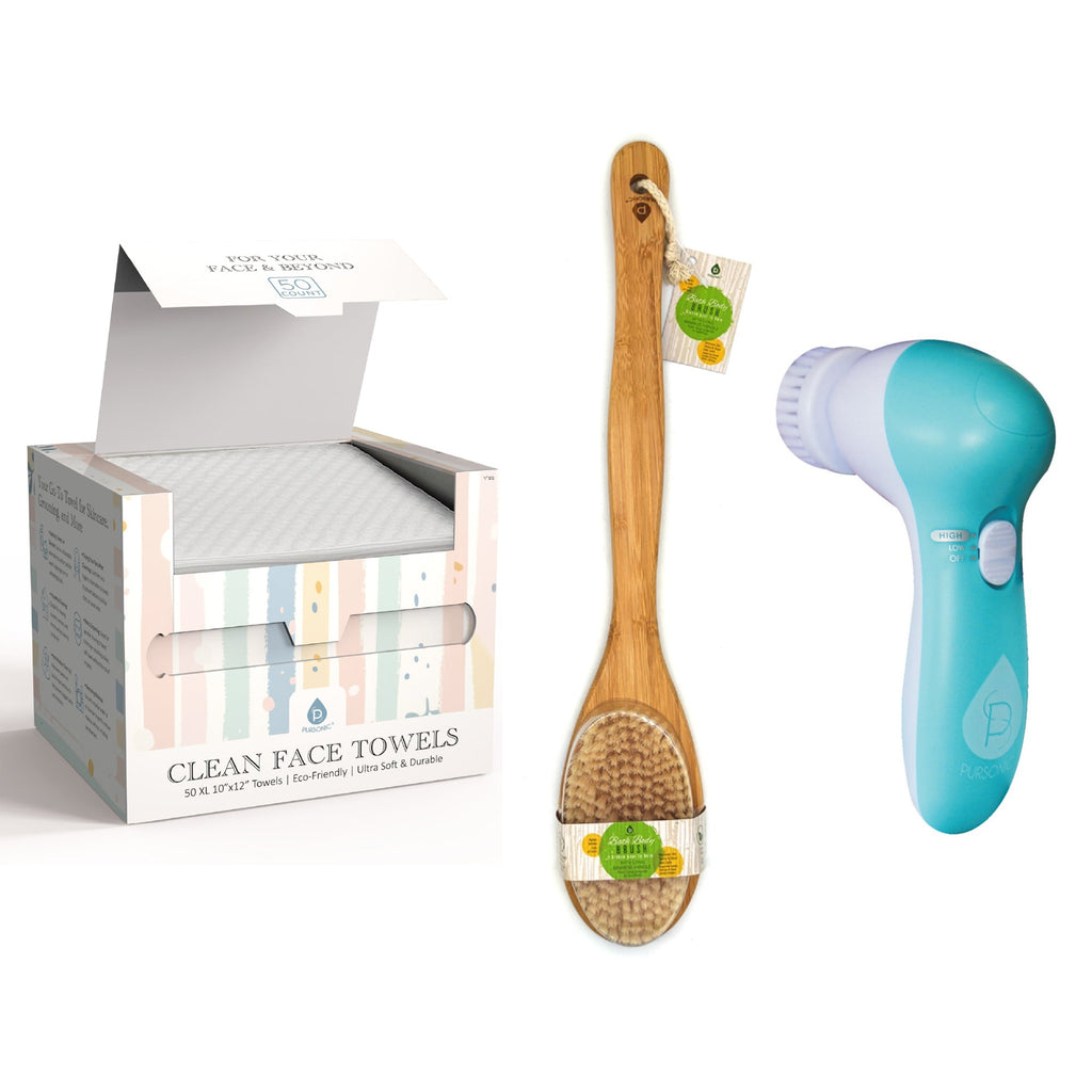 Complete Head-to-Toe Cleansing Set – Advanced Facial Brush + Biodegradable Clean Towels + Bamboo Body Brush-0