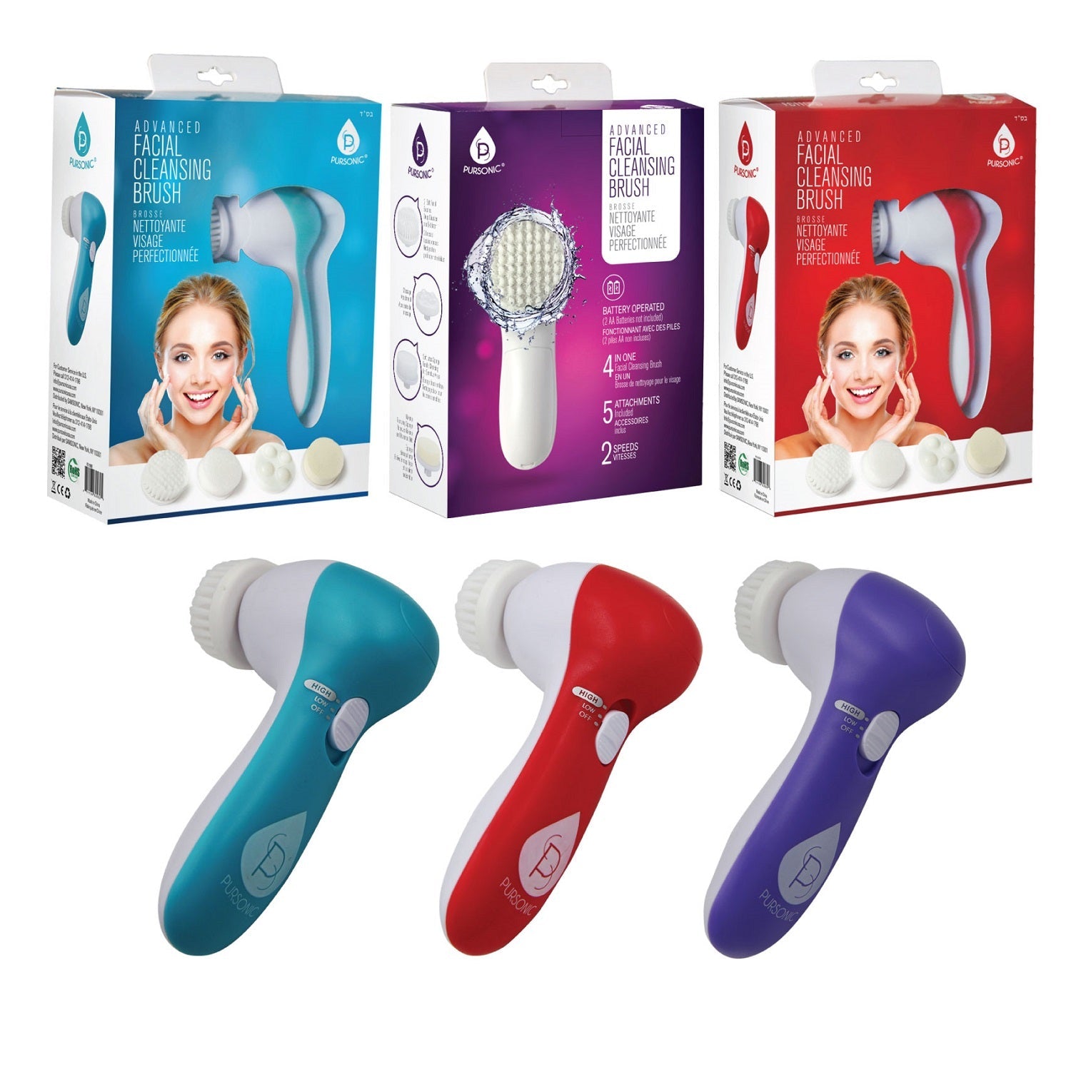 Advanced facial cleansing brush with five interchangeable attachment heads for deep exfoliation and makeup removal