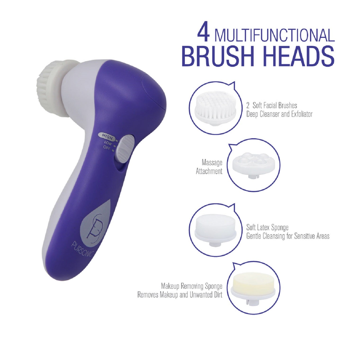 Advanced facial cleansing brush with five interchangeable attachment heads for deep exfoliation and makeup removal — view 3
