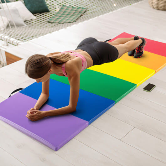 Colorful PU leather tri-folding gymnastics tumbling mat with thick foam padding and carrying handles