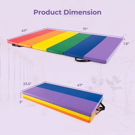 Colorful PU leather tri-folding gymnastics tumbling mat with thick foam padding and carrying handles — view 2