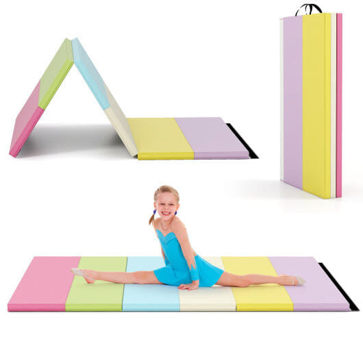 Colorful PU leather tri-folding gymnastics tumbling mat with thick foam padding and carrying handles — view 4