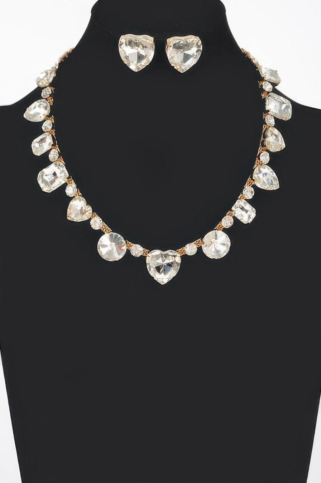 Elegant stone-encrusted necklace and matching post-back earrings jewelry set for formal wear and bridal occasions — view 5