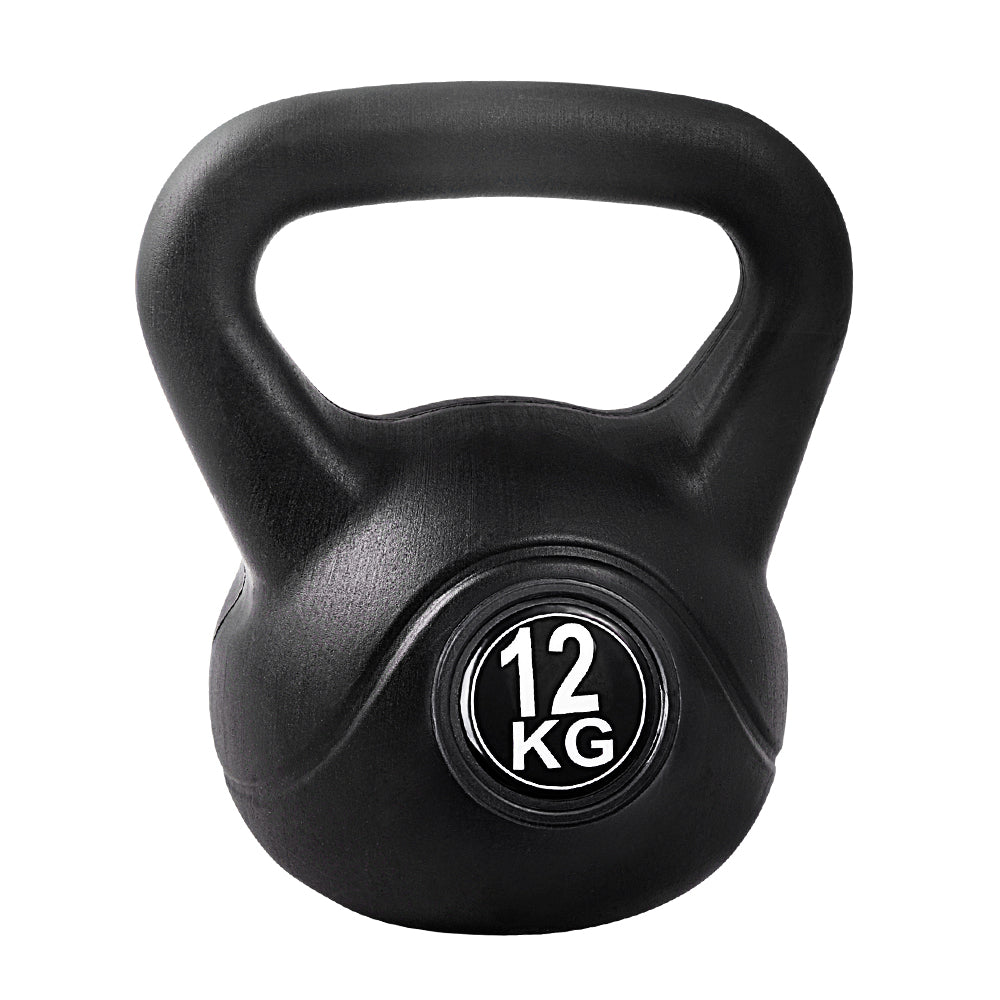 Black 12kg kettlebell for home gym strength training with oversized anti-slip handle and stable base