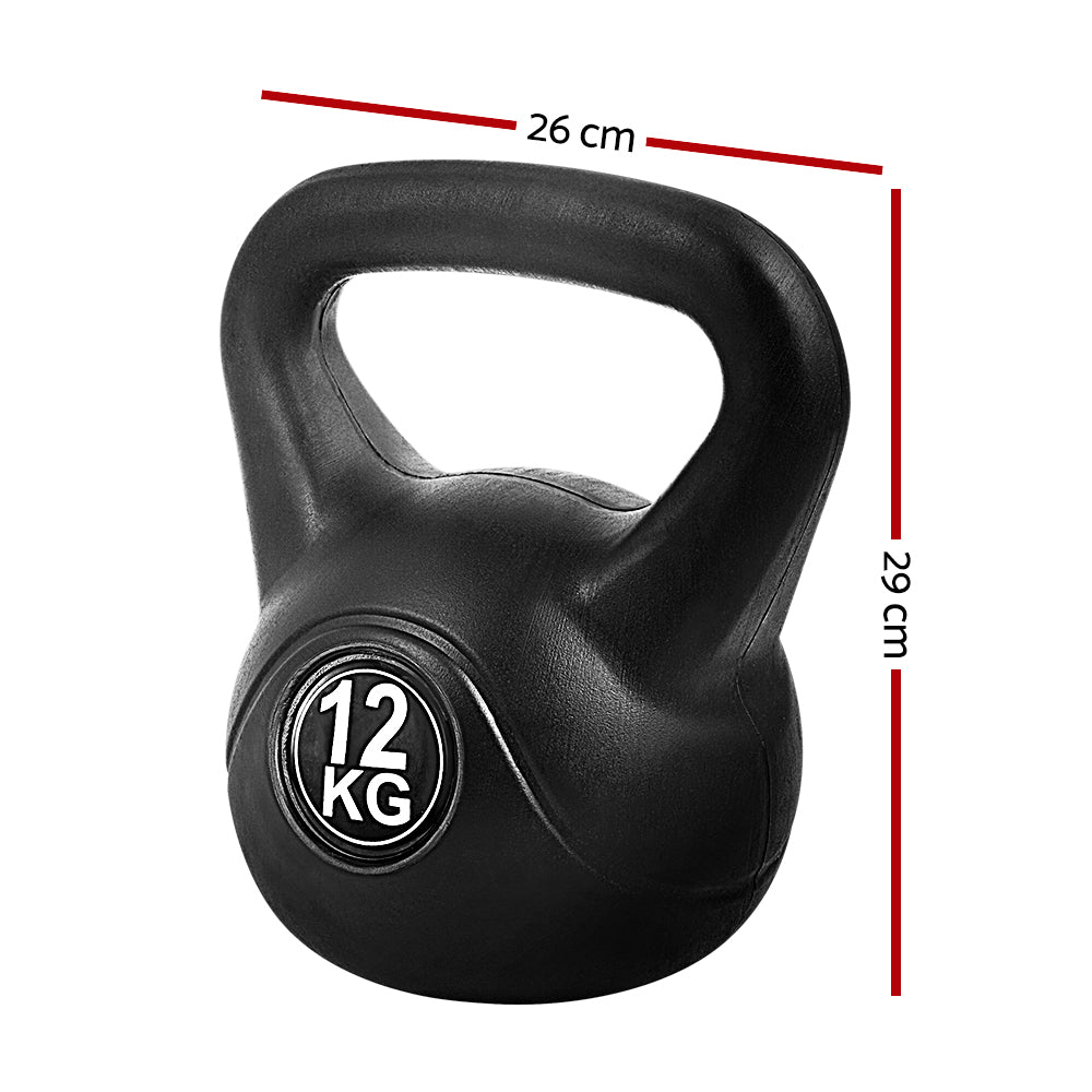 Black 12kg kettlebell for home gym strength training with oversized anti-slip handle and stable base — view 2