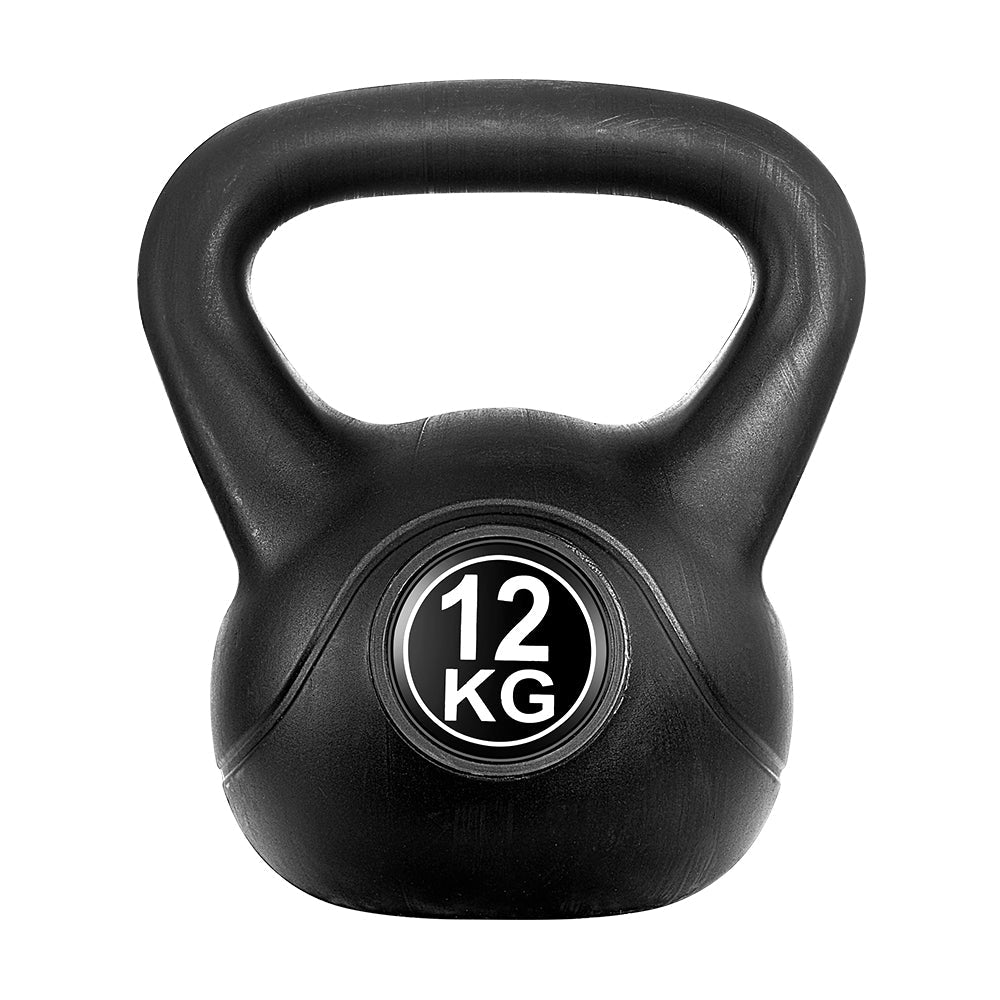 Black 12kg kettlebell for home gym strength training with oversized anti-slip handle and stable base — view 3
