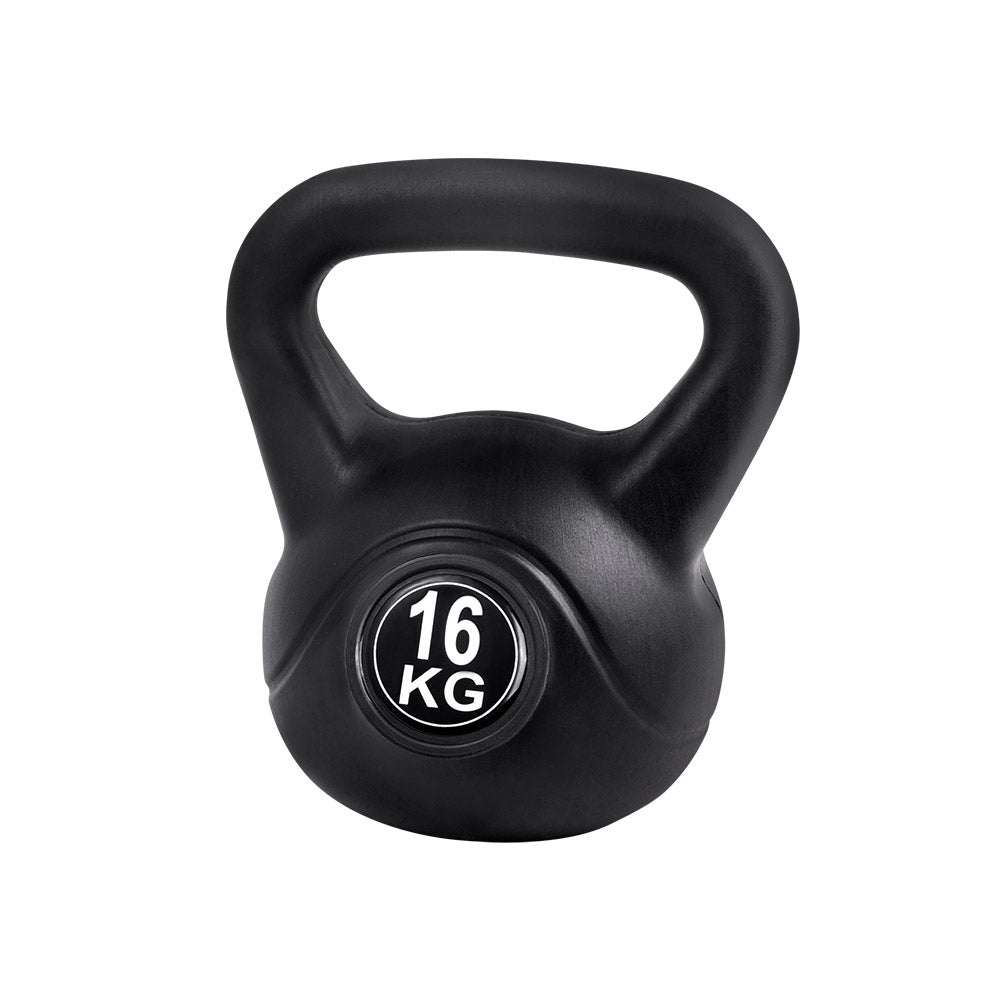 Black 16kg Everfit kettlebell with an oversized ergonomic handle and flat stable base.