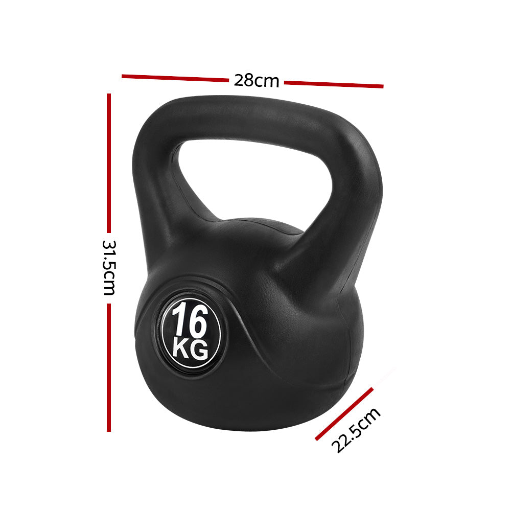 Black 16kg Everfit kettlebell with an oversized ergonomic handle and flat stable base. — view 2