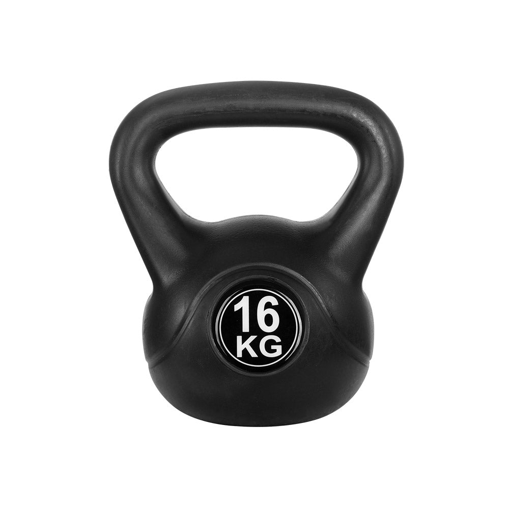 Black 16kg Everfit kettlebell with an oversized ergonomic handle and flat stable base. — view 3