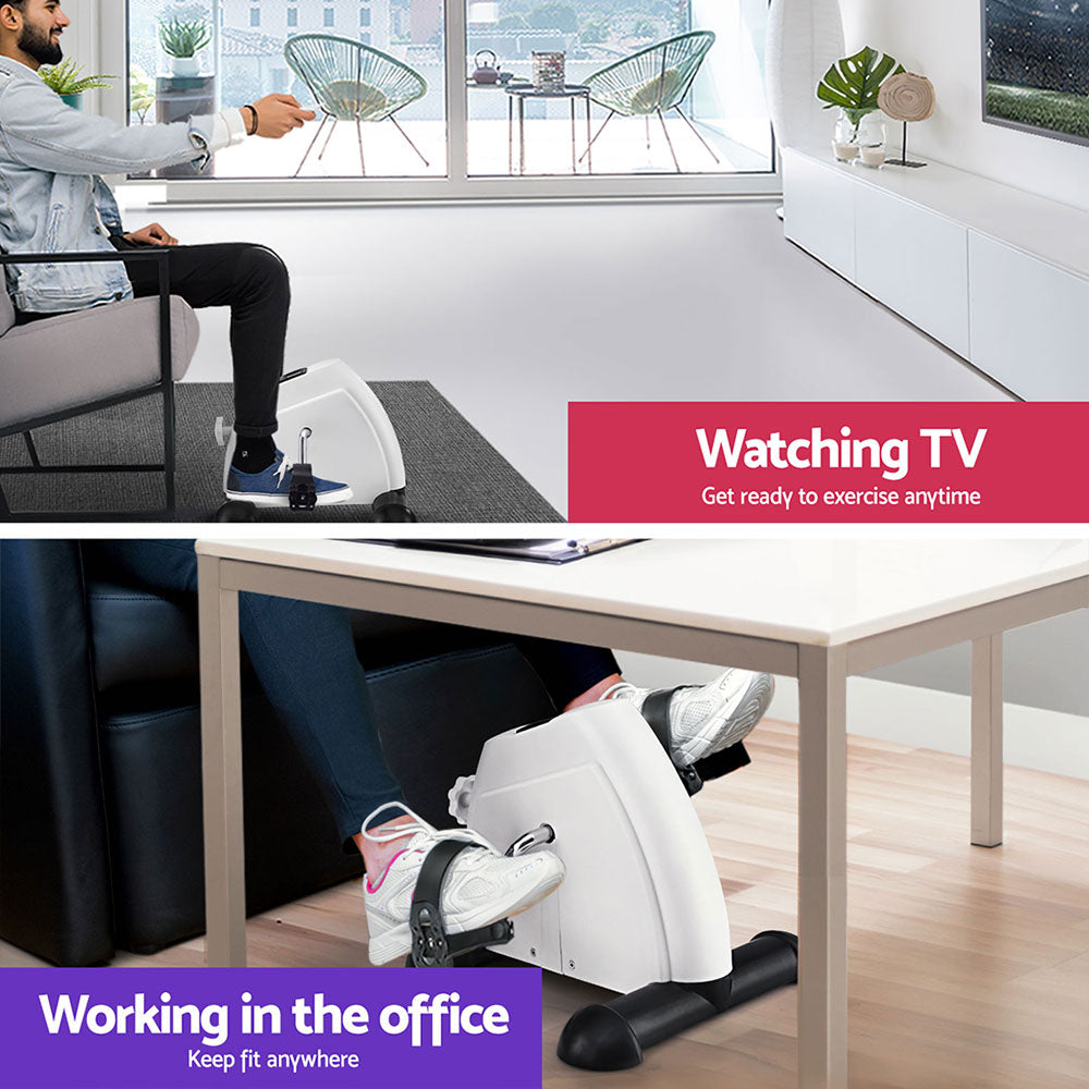 White Everfit mini under desk exercise bike with wide pedals and digital display monitor — view 4