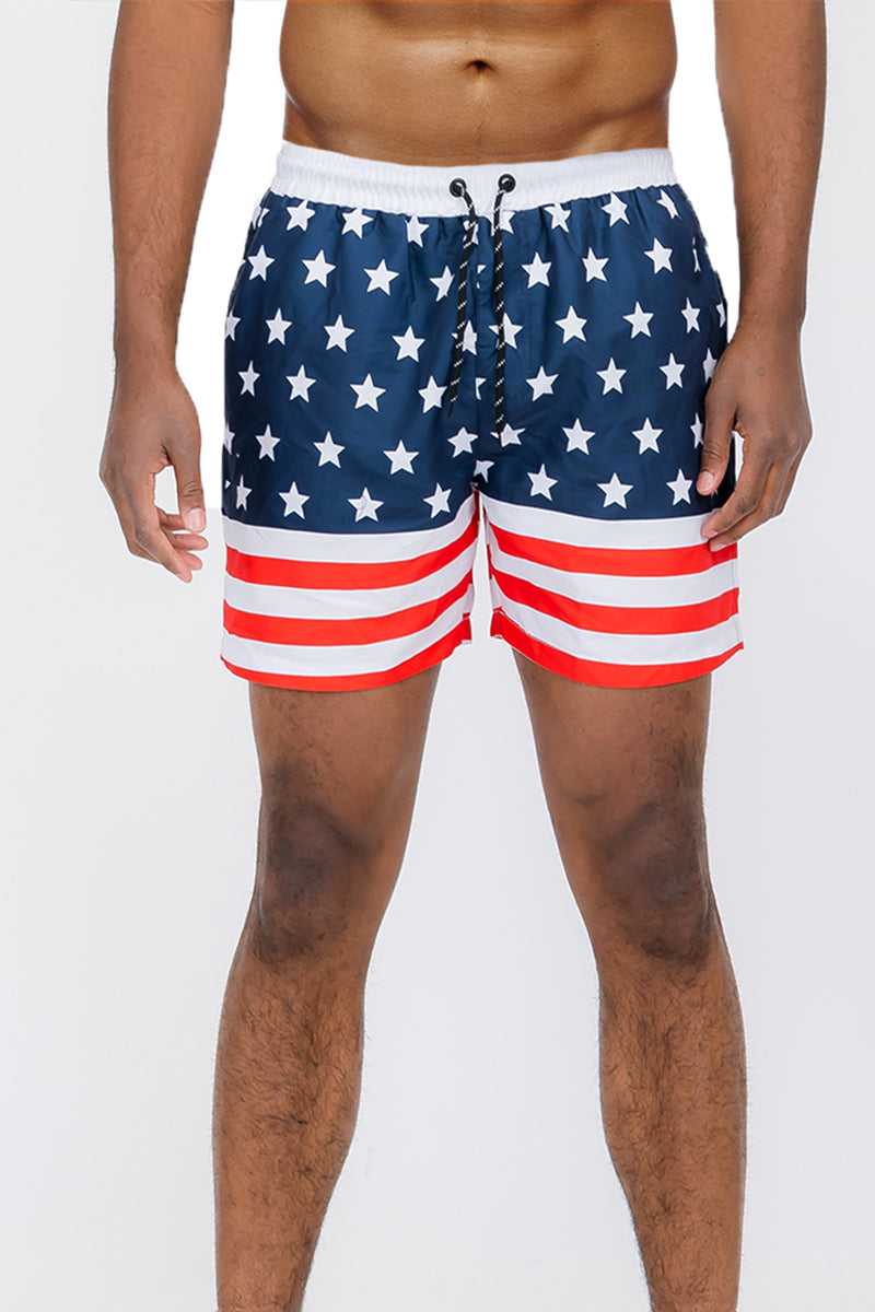 Flag print swim shorts for men regular fit with 5.5 inch inseam and side pockets