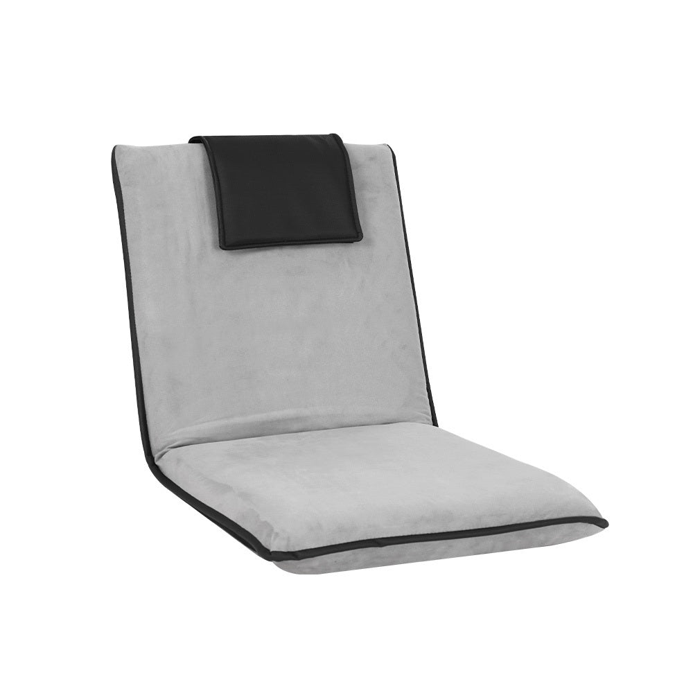 Foldable floor lounge sofa bed in grey linen fabric with adjustable backrest and headrest cushion.