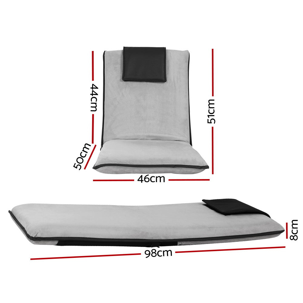 Foldable floor lounge sofa bed in grey linen fabric with adjustable backrest and headrest cushion. — view 2