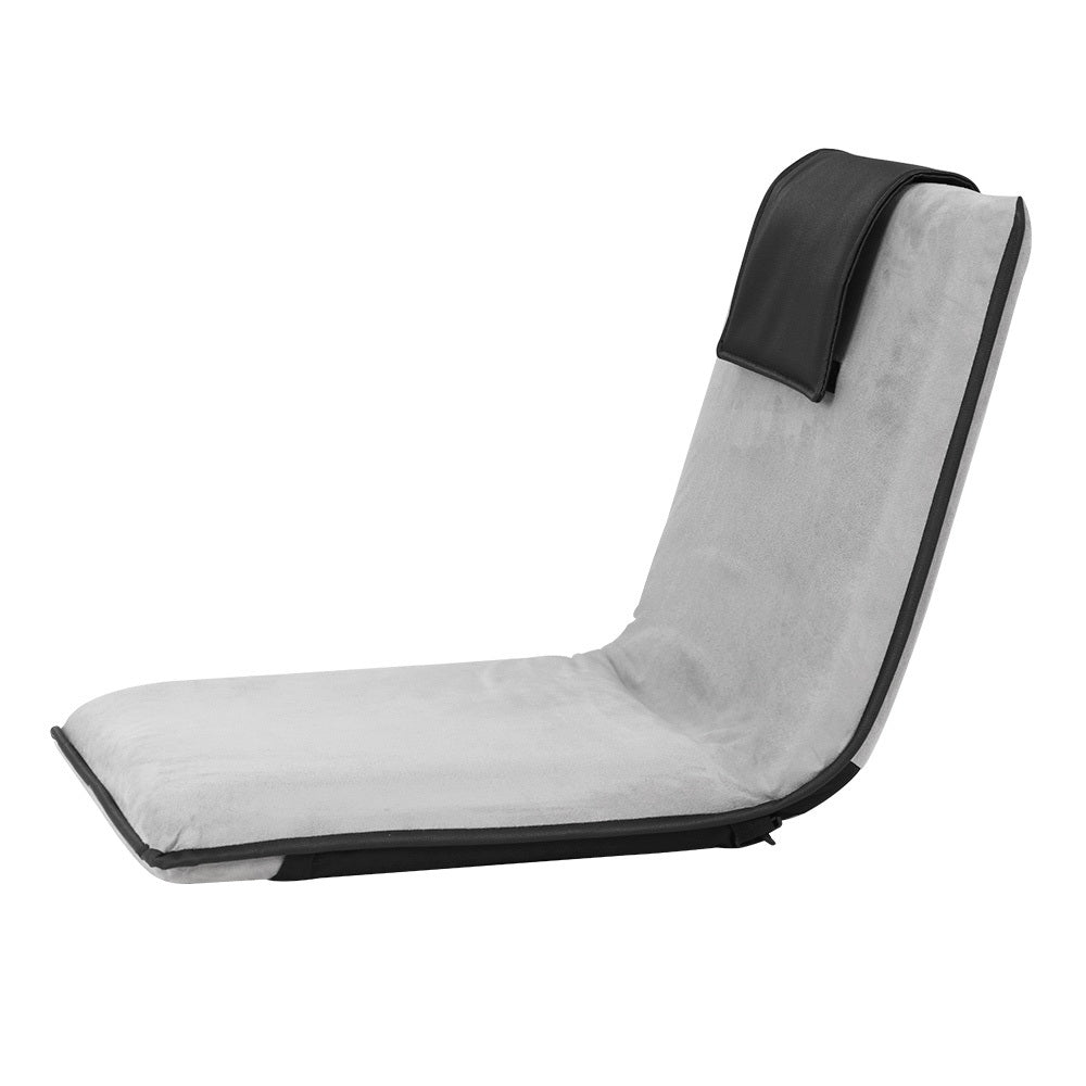 Foldable floor lounge sofa bed in grey linen fabric with adjustable backrest and headrest cushion. — view 4