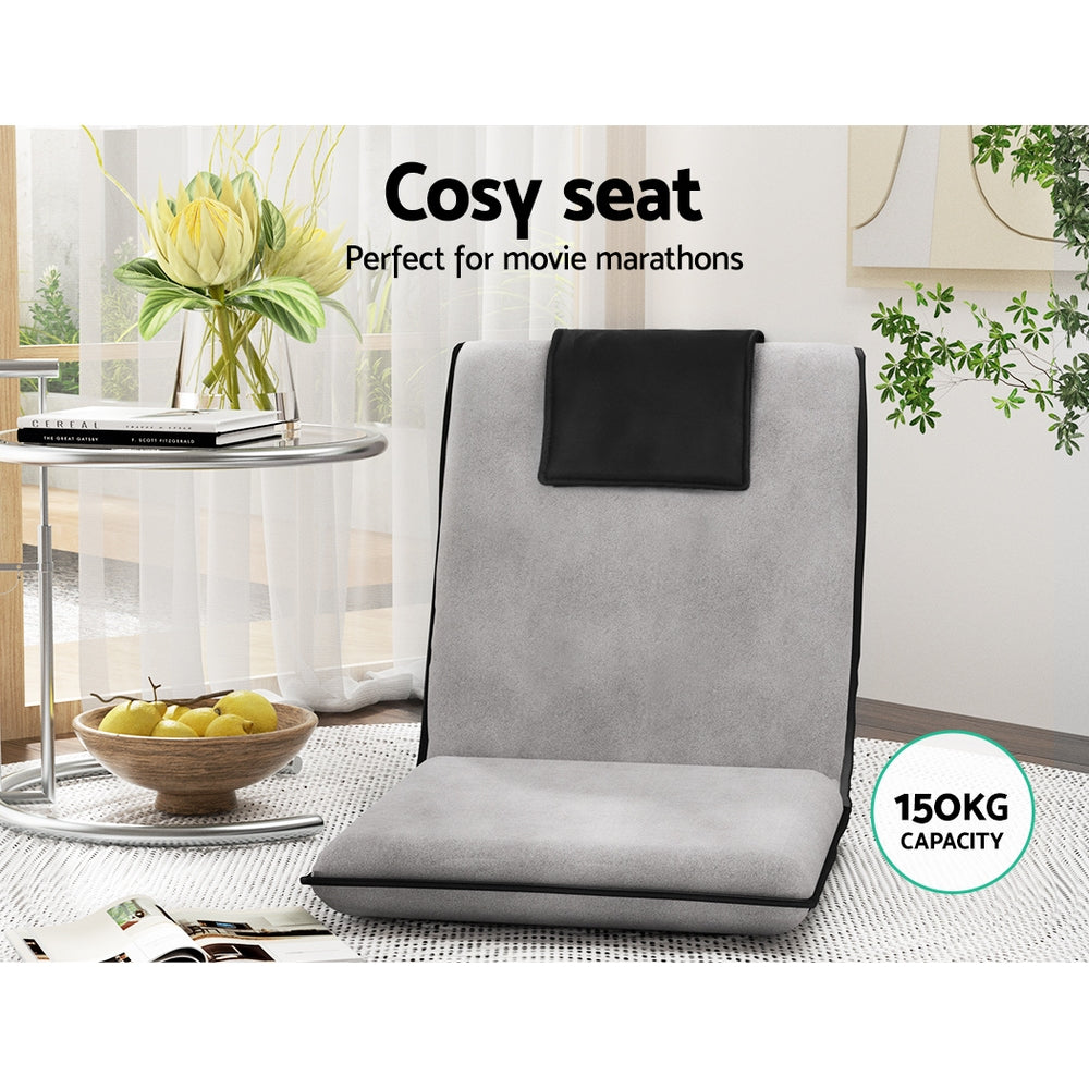 Foldable floor lounge sofa bed in grey linen fabric with adjustable backrest and headrest cushion. — view 5