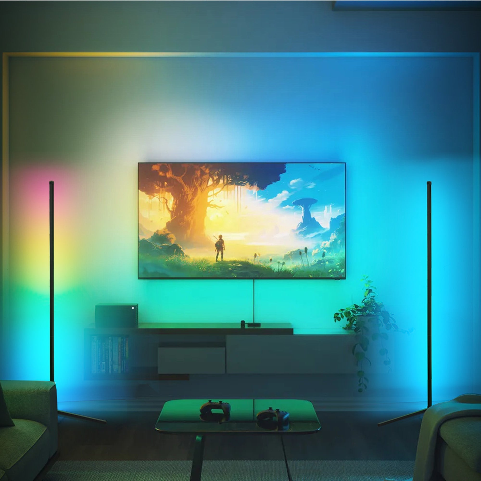 Black minimalist RGB corner floor lamp illuminating a living room with vibrant multicolored LED lighting — view 5