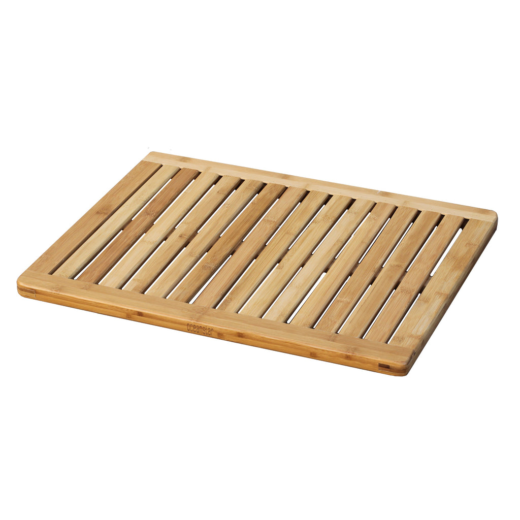 Natural bamboo shower mat featuring a slatted rectangular design with elevated anti-slip rubber feet underneath.